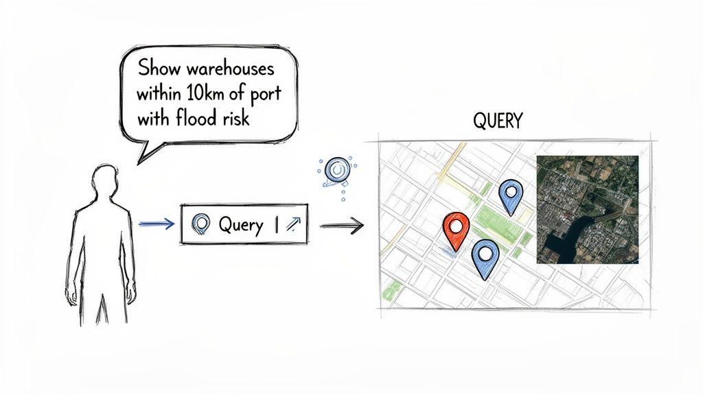 Un utente interroga dati geospaziali per trovare magazzini a rischio di allagamento vicino a un porto, visualizzati su una mappa.