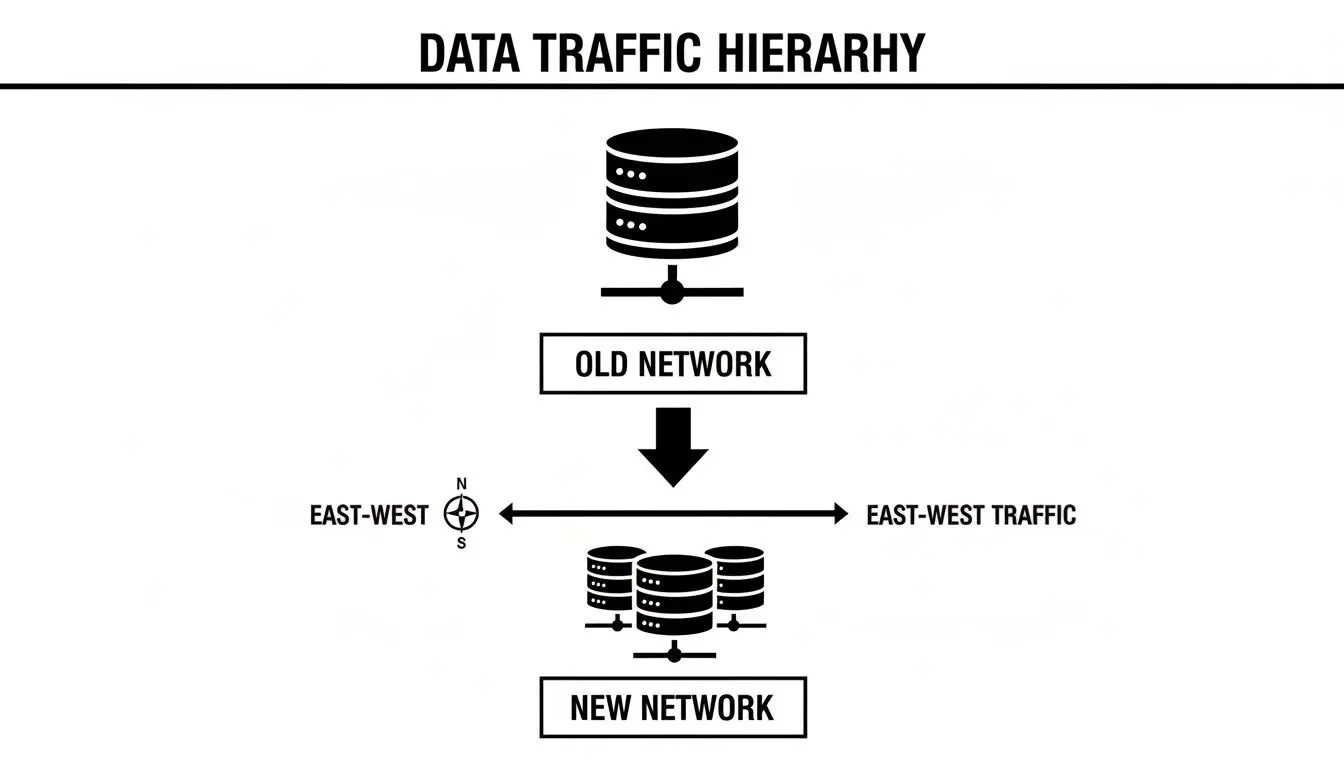 Diagramma che mostra la gerarchia del traffico dati, confrontando la vecchia rete con la nuova rete con enfasi sul traffico east-west.