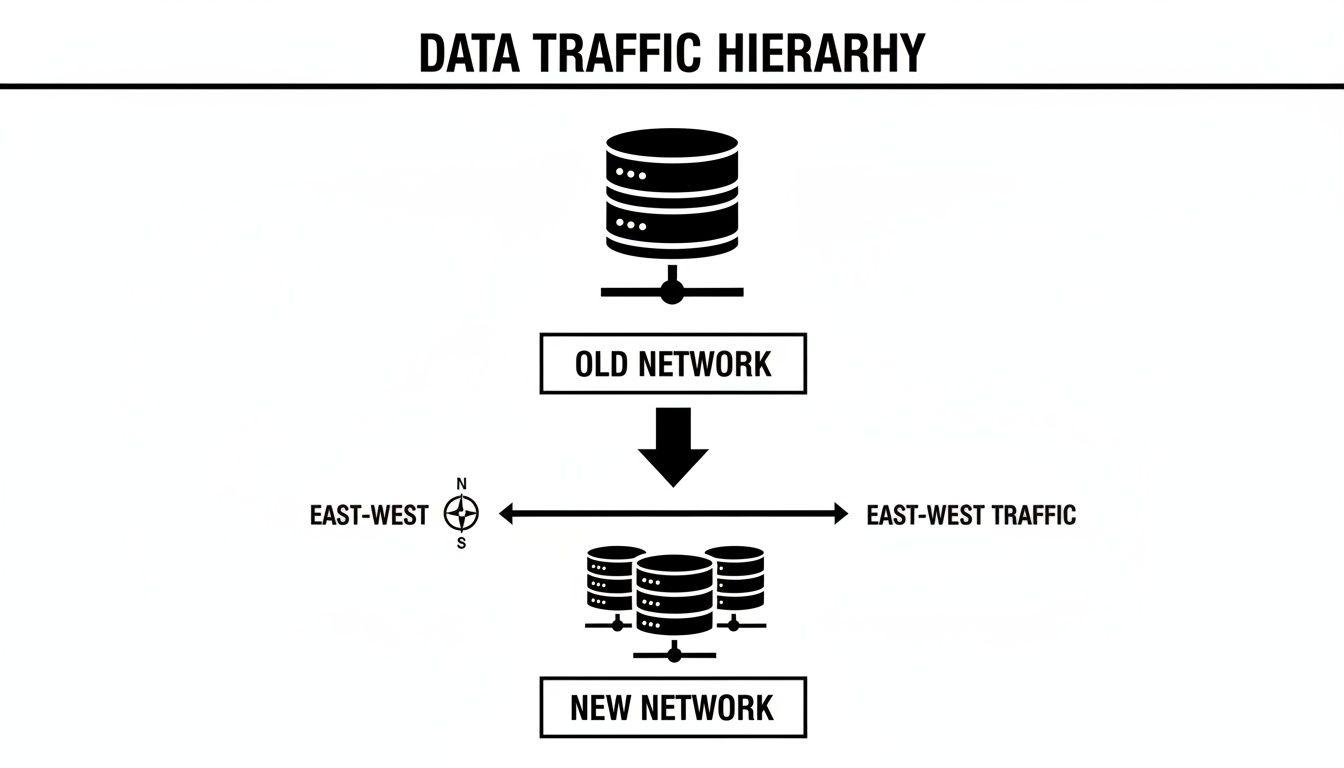 Diagramma che mostra la gerarchia del traffico dati, confrontando la vecchia rete con la nuova rete con enfasi sul traffico east-west.