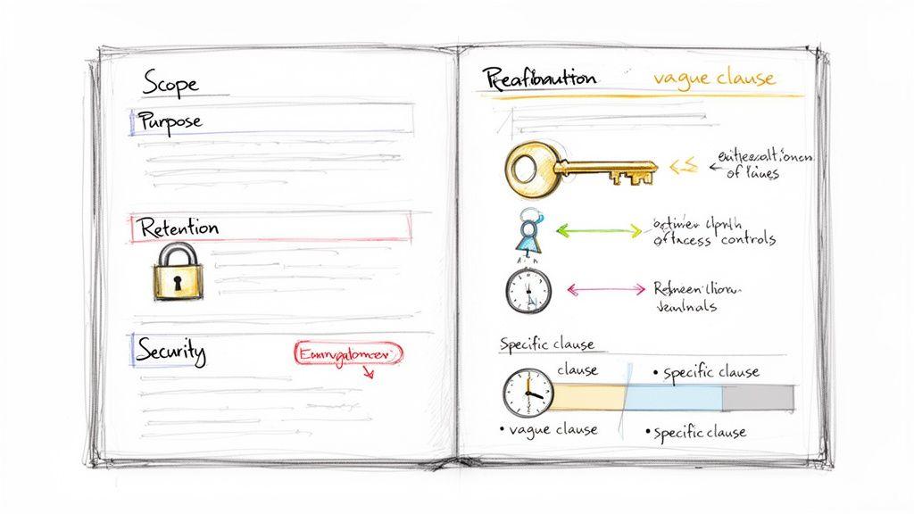 Uno schizzo disegnato a mano in un taccuino che dettaglia i termini dell'accordo come ambito, conservazione, sicurezza e clausole.