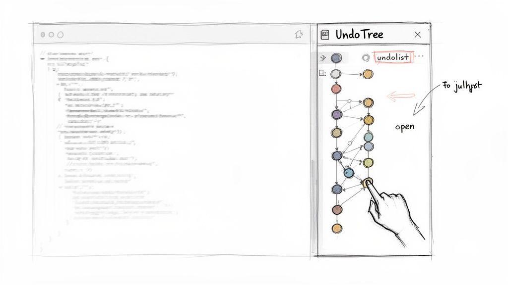 Uno schizzo che mostra un editor di codice e un plugin UndoTree che visualizza un grafo simile a un controllo versione, con una mano che seleziona un nodo.