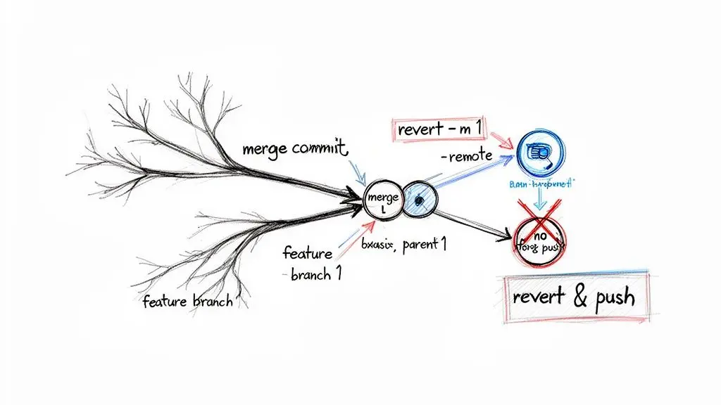 Diagramma che illustra il branching di Git, il merge e il revert di un merge commit senza force push.