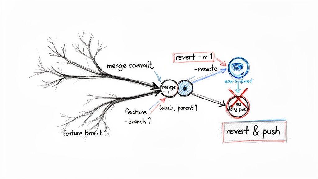 Diagramma che illustra il branching, il merging e l'annullamento di un merge commit senza force push.