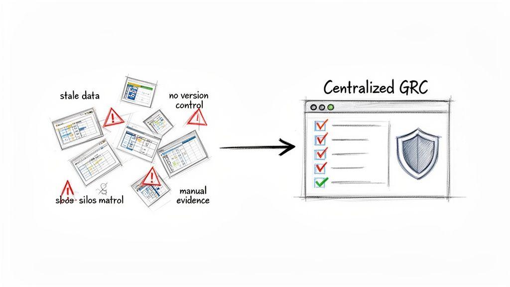 Diagramma che illustra la trasformazione da dati frammentati e processi manuali a una soluzione GRC centralizzata.