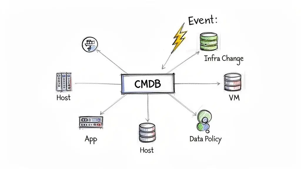 Un diagramma di una CMDB che mostra connessioni centrali ai componenti dell'infrastruttura IT come host, app, VM e policy sui dati.
