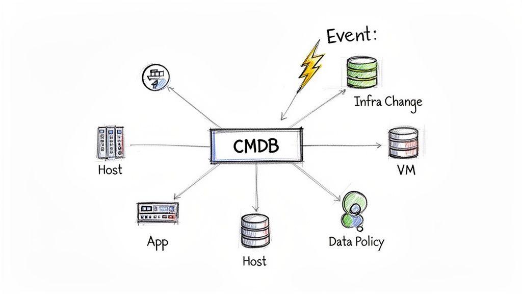A CMDB diagram showing central connections to IT infrastructure components like hosts, apps, VMs, and data policies.