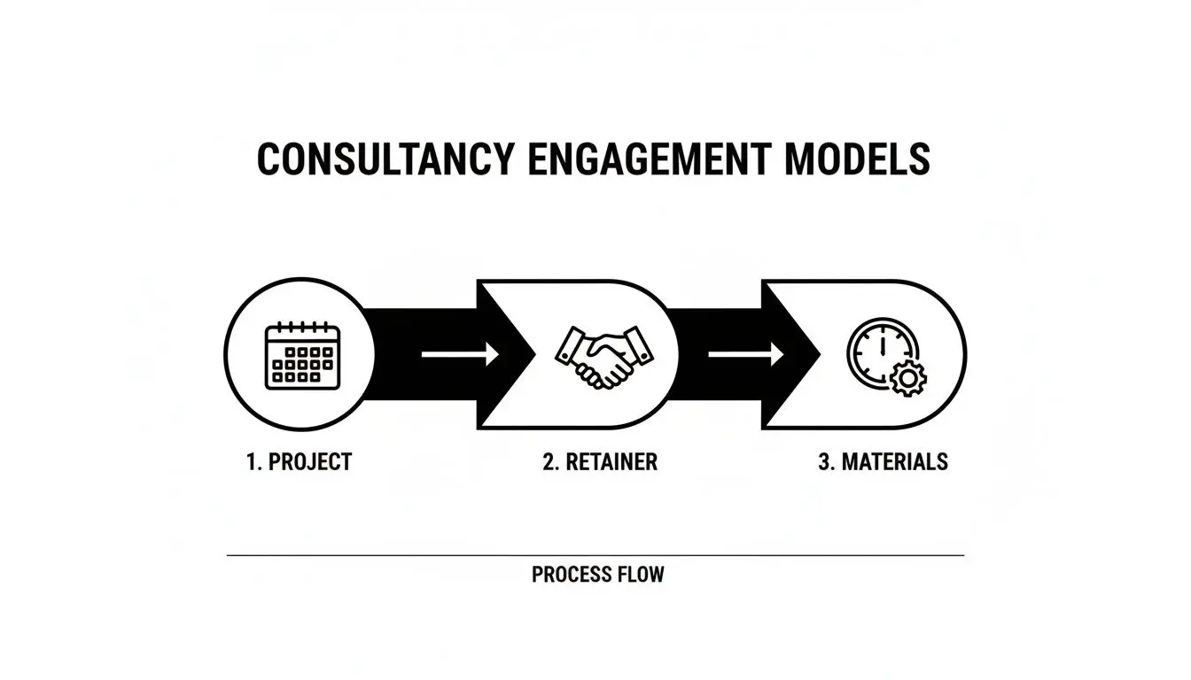 Un diagramma illustra tre modelli di ingaggio di consulenza: progetto, ritenuta e materiali, in un flusso di processo.