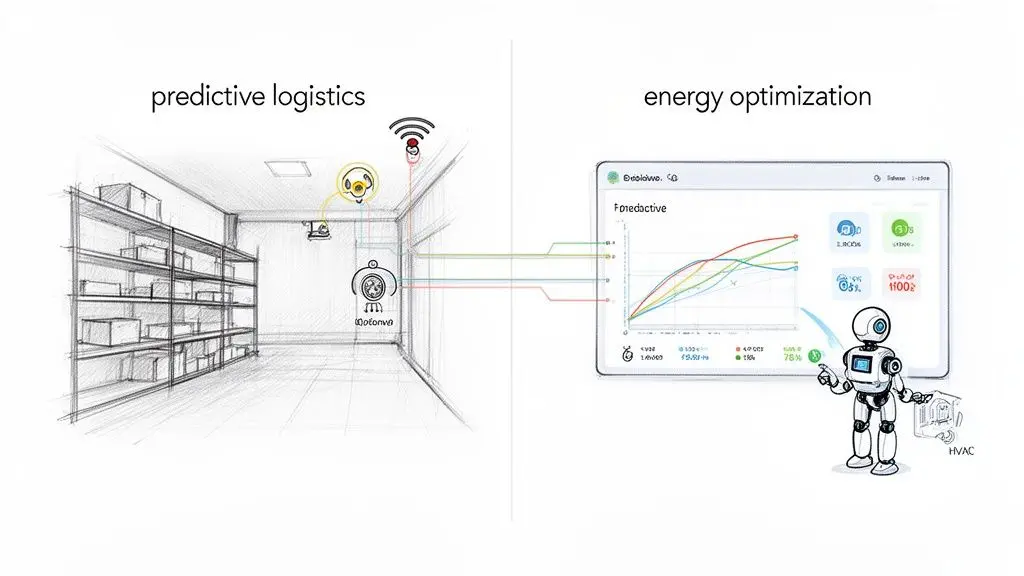 Un'illustrazione che mostra la logistica predittiva tramite sensori di magazzino e l'ottimizzazione energetica con una dashboard e un robot.