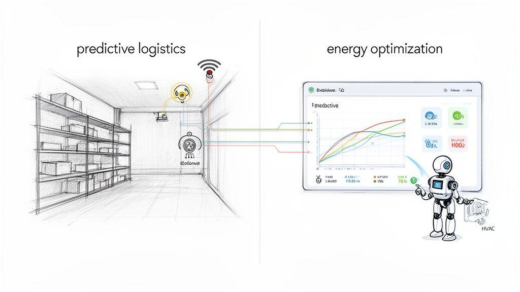 Un'illustrazione che mostra la logistica predittiva tramite sensori di magazzino e l'ottimizzazione energetica con una dashboard e un robot.