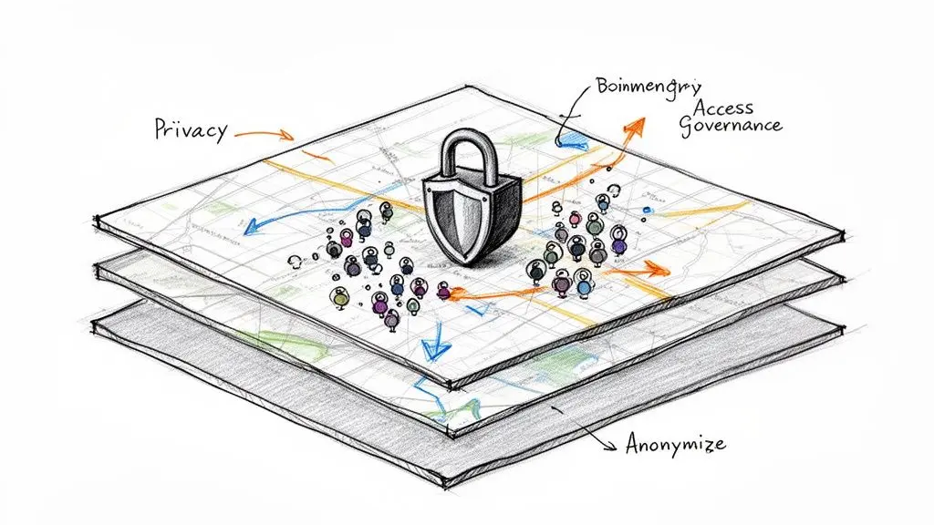 Un'illustrazione a livelli di una mappa che mostra la privacy dei dati, la governance degli accessi e l'anonimizzazione delle informazioni geospaziali.