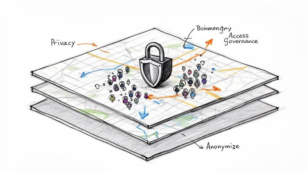 Un'illustrazione a livelli di una mappa che mostra la privacy dei dati, la governance degli accessi e l'anonimizzazione delle informazioni geospaziali.