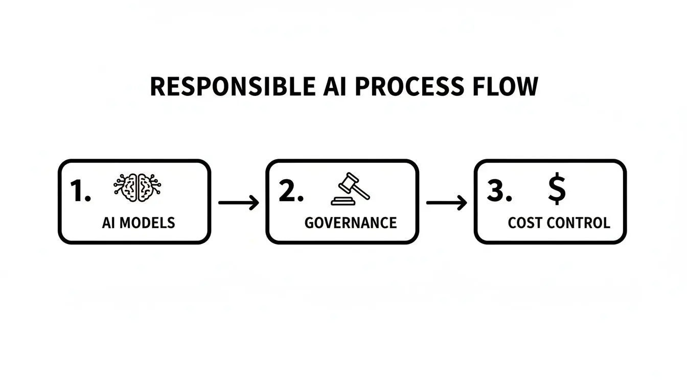 Flowchart illustrating the responsible AI process with three sequential steps: AI models, governance, and cost control.