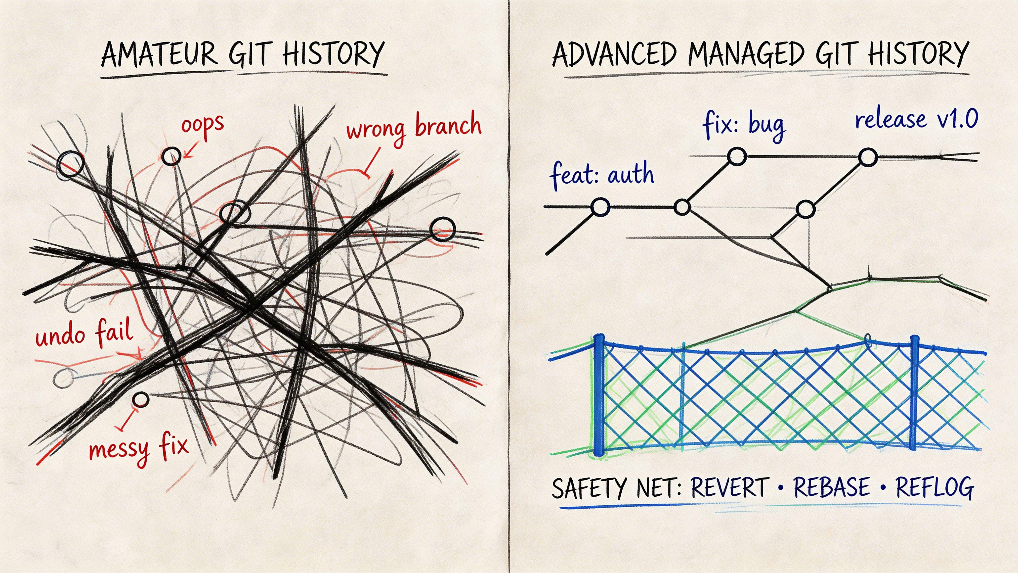 A split image comparing a chaotic, messy amateur Git history with a clean, organized advanced Git workflow.