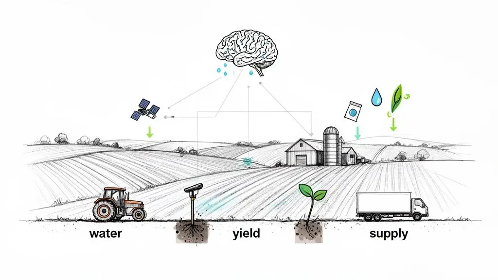 Un cervello AI elabora dati da un satellite e da sensori per ottimizzare le operazioni agricole come acqua, resa e approvvigionamento.