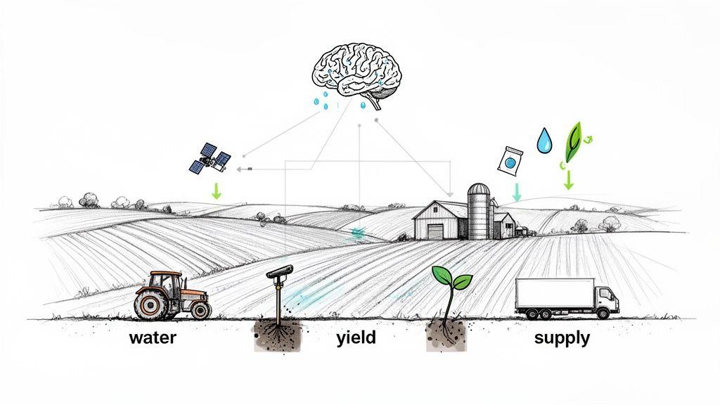 An AI brain processes data from a satellite and sensors to optimize farm operations like water, yield, and supply.