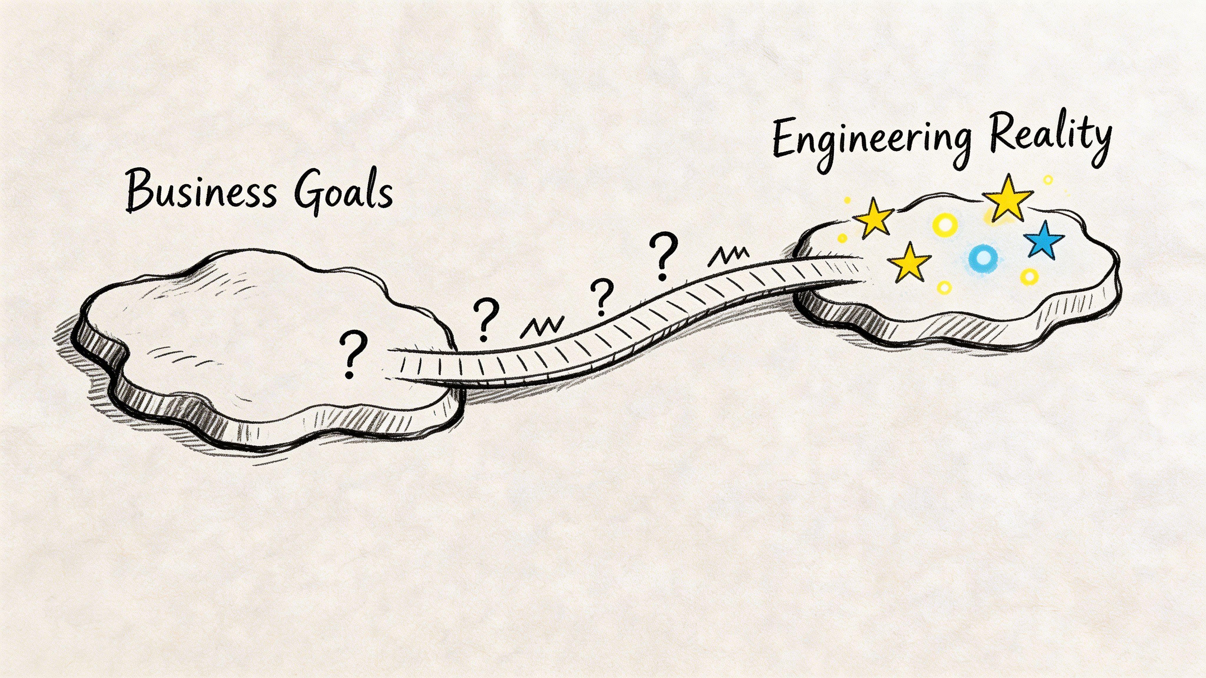 Un’illustrazione disegnata a mano che mostra un divario con un ponte che collega gli Obiettivi di Business alla Realtà dell’Ingegneria.