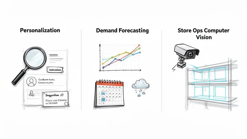 Rappresentazione visiva delle applicazioni AI nel retail: personalizzazione, previsione della domanda e computer vision per le operazioni in negozio.