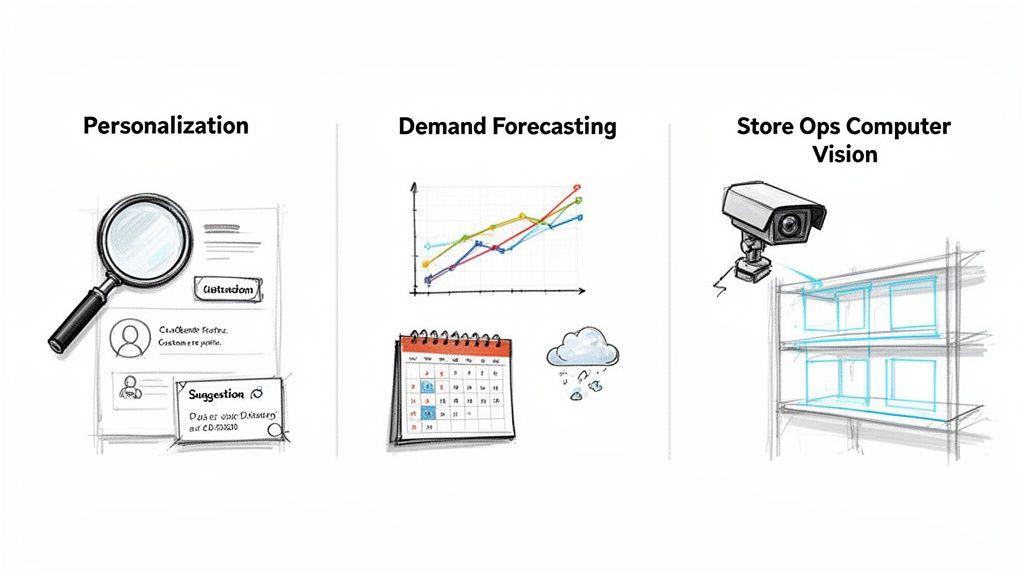 Rappresentazione visiva delle applicazioni dell'AI nel retail: personalizzazione, previsione della domanda e computer vision per le operazioni di store.
