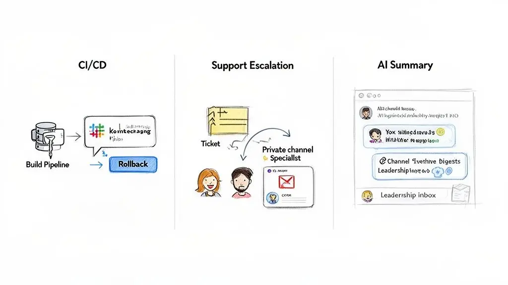 Diagrammi disegnati a mano illustrano le capacità delle web app Slack per CI/CD, supporto e riepiloghi di chat alimentati dall'AI.
