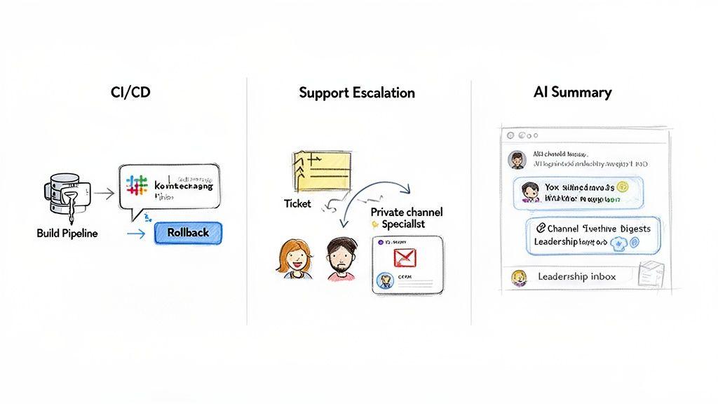 Hand-drawn diagrams illustrate Slack web app capabilities for CI/CD, support, and AI-powered chat summaries.