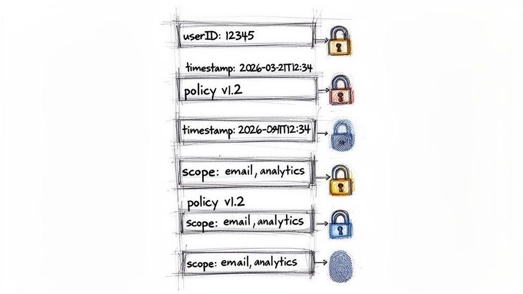 Diagram illustrating a stack of data records: user ID, timestamps, policy, and scope, with security icons.