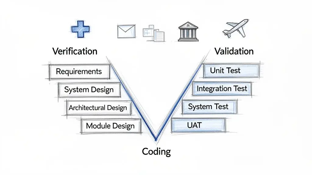 Diagramma del modello V che illustra il ciclo di vita dello sviluppo software con le fasi di verifica, codifica e validazione.