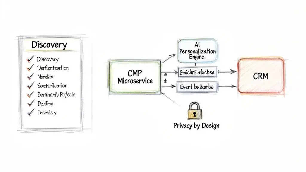 Un diagramma che illustra un flusso di lavoro della piattaforma di gestione del consenso (CMP) con personalizzazione AI e CRM, con enfasi sulla privacy.