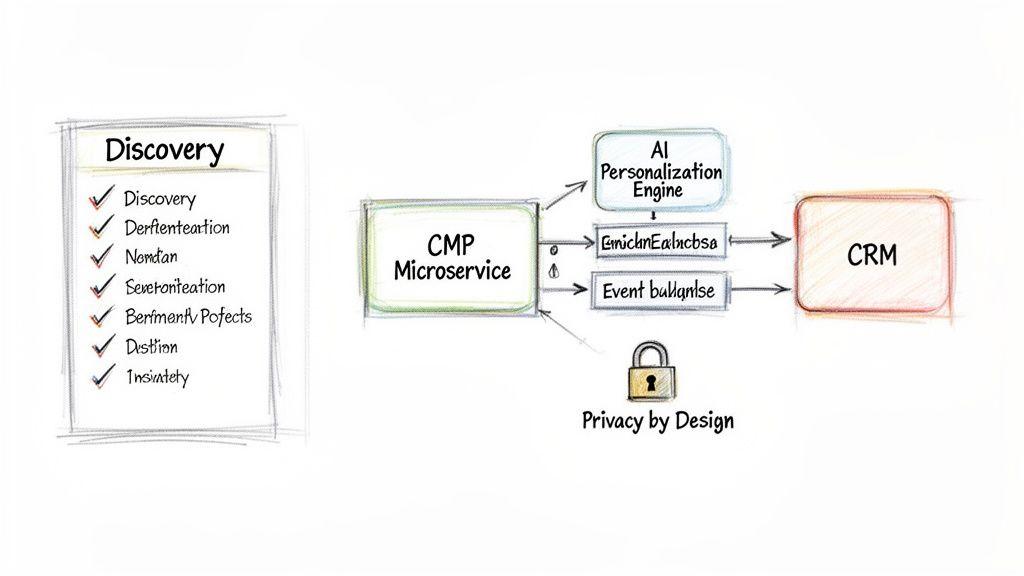 Un diagramma che illustra un flusso di lavoro della piattaforma di gestione del consenso (CMP) con personalizzazione AI e CRM, con enfasi sulla privacy.