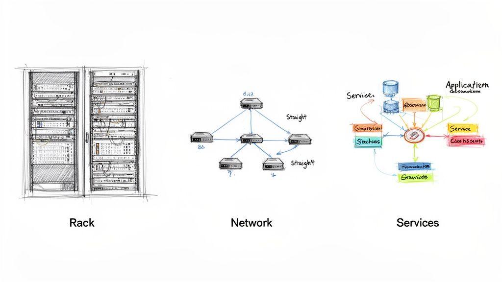 Sketches illustrating a server rack, network topology, and interconnected services in a data center environment.