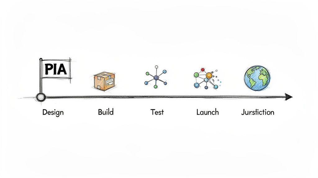 A timeline diagram illustrating the Privacy Impact Assessment (PIA) process with five key stages.