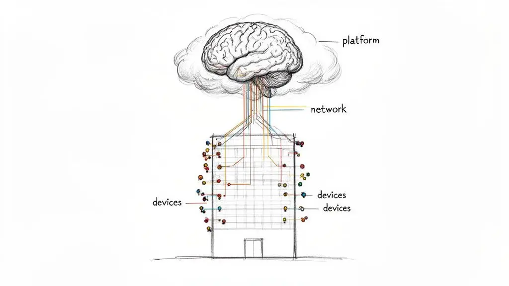 Diagramma concettuale che mostra una 'piattaforma' cervello-nuvola collegata tramite una 'rete' a un edificio pieno di 'dispositivi'.