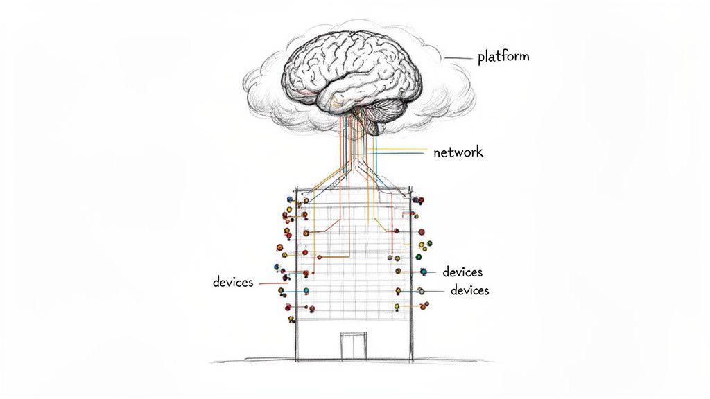 Conceptual diagram showing a brain-cloud 'platform' connected by a 'network' to a building full of 'devices'.