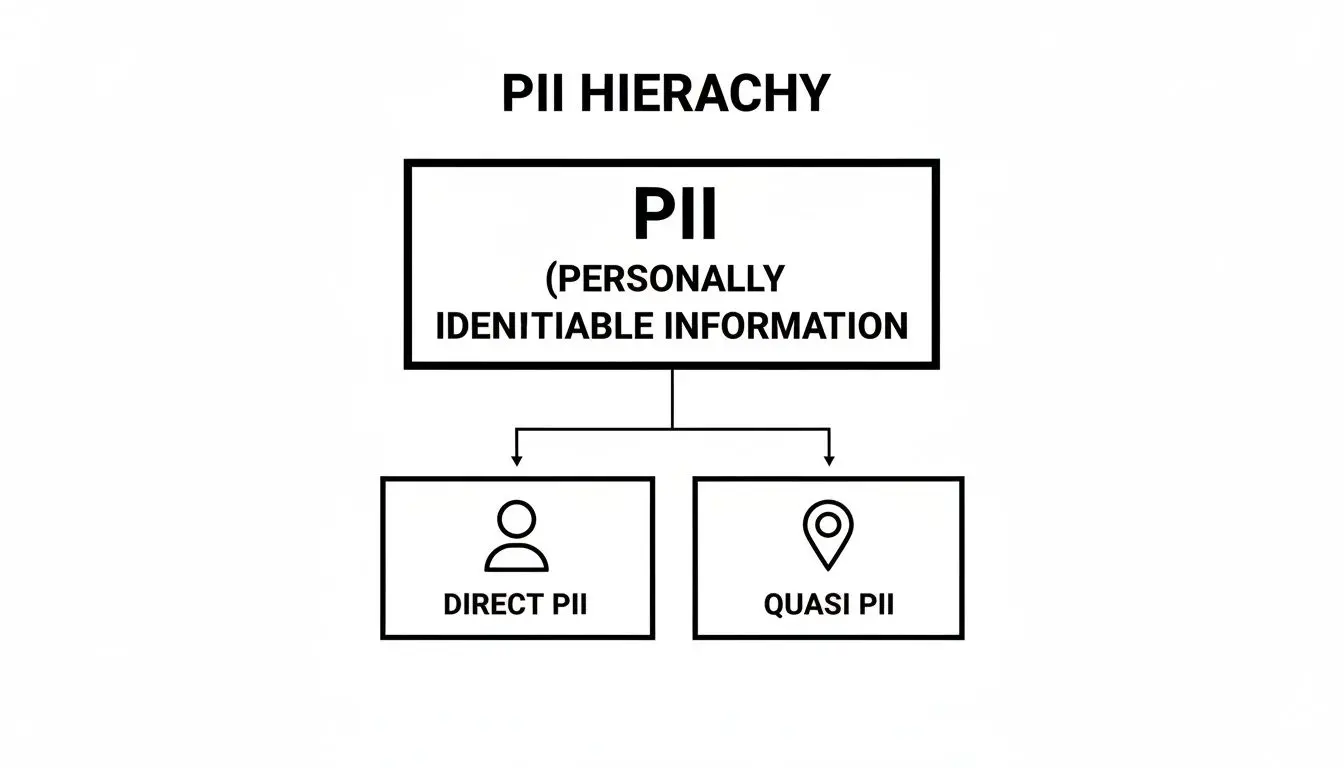 A PII hierarchy diagram illustrating Personally Identifiable Information split into Direct PII and Quasi PII.