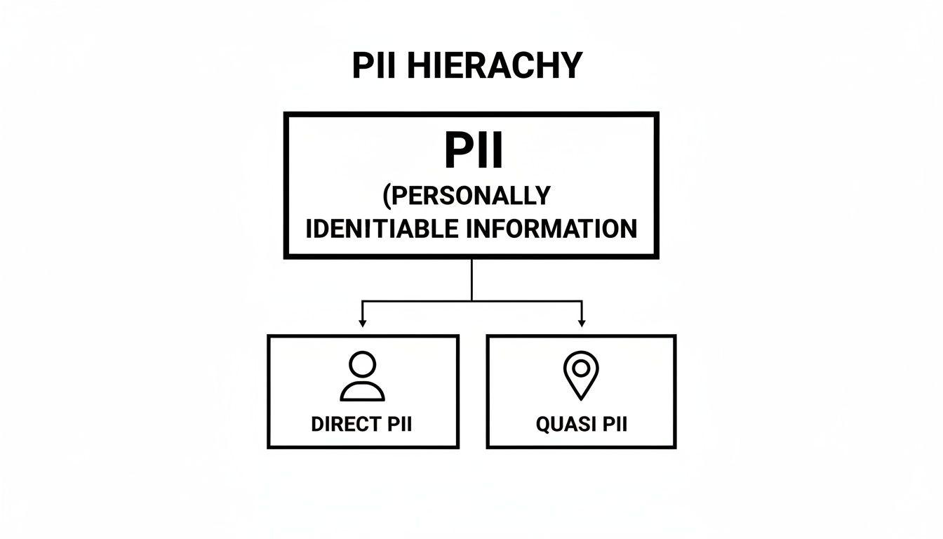 Un diagramma gerarchico delle PII che illustra le Informazioni Personali Identificabili suddivise in PII Dirette e PII Quasi.