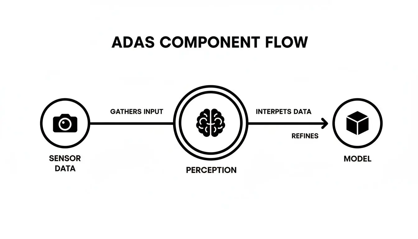 Flowchart showing ADAS components: sensor data, perception, and model, with data gathering and interpretation.
