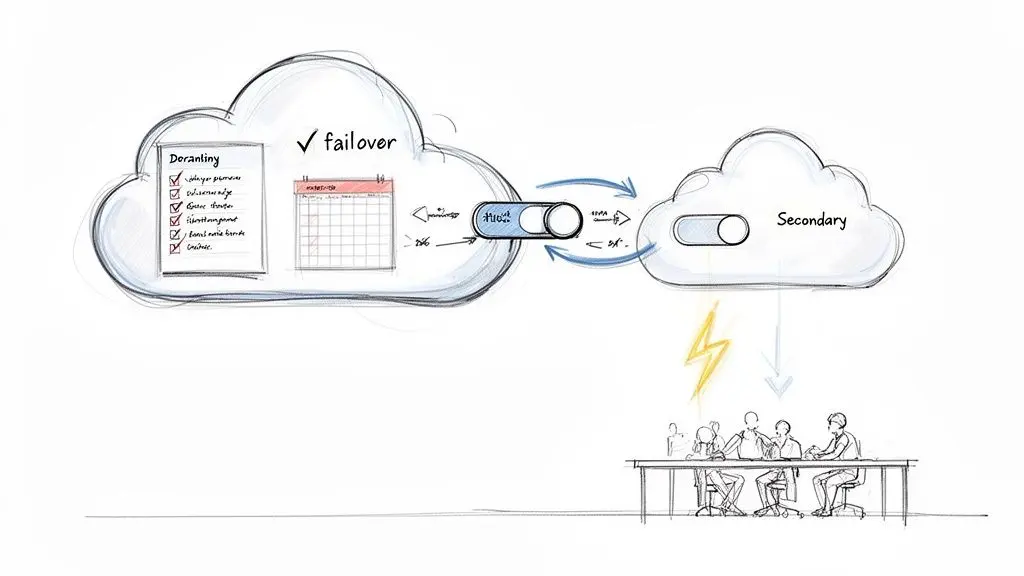 Uno schizzo di failover cloud e disaster recovery, che mostra la sincronizzazione dei dati e la continuità operativa.