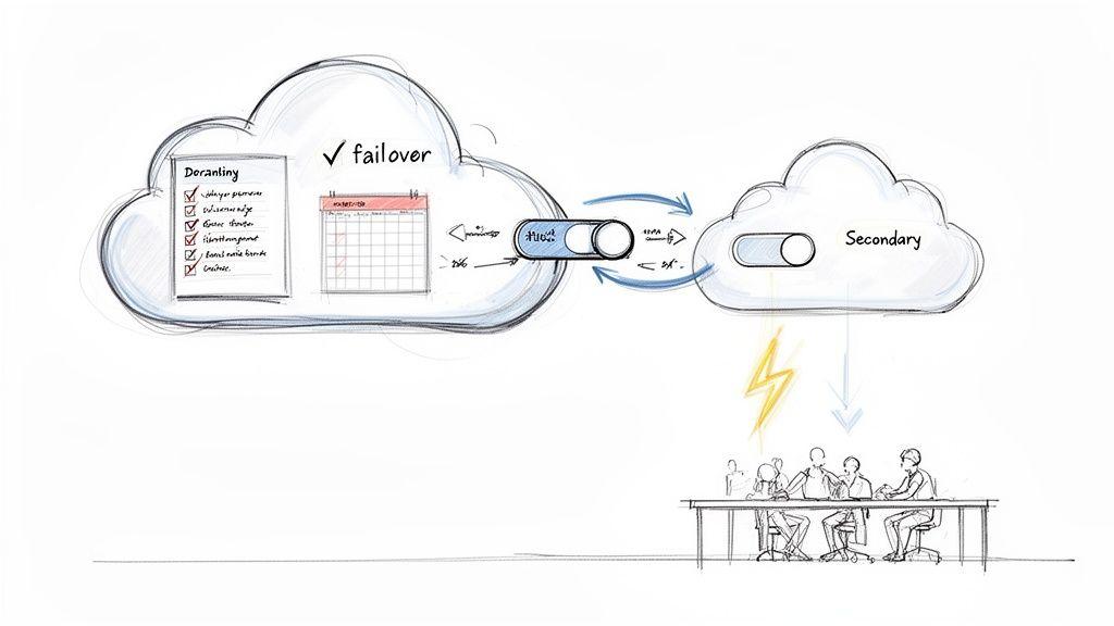 Uno schizzo di failover cloud e disaster recovery, che mostra la sincronizzazione dei dati e la continuità operativa.