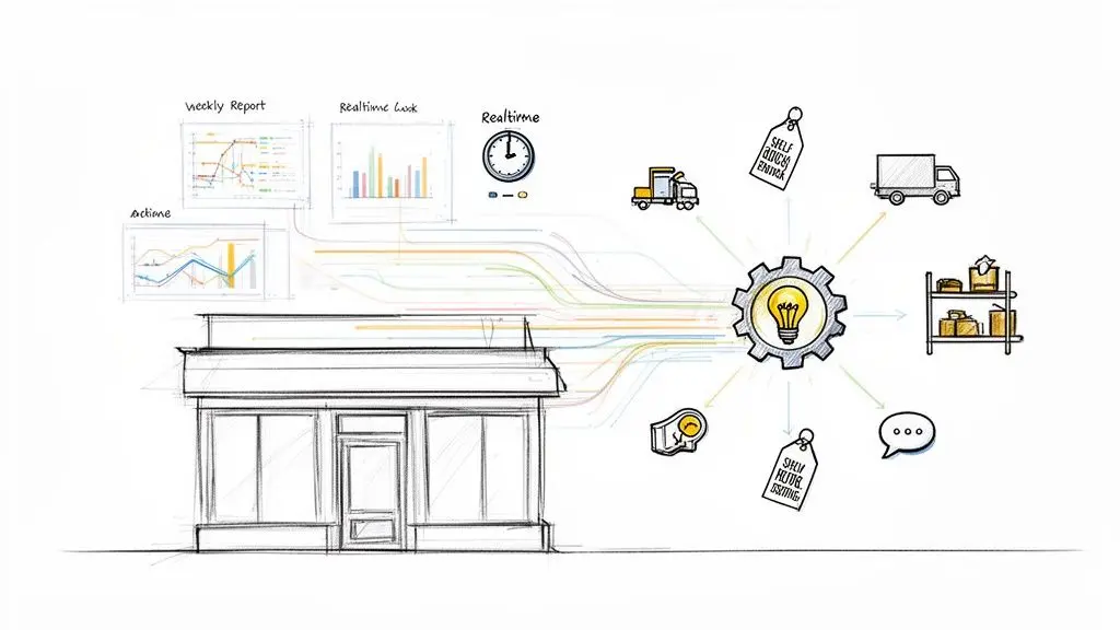Diagramma che mostra un negozio al dettaglio che alimenta dati in un sistema AI che ottimizza operazioni come logistica, inventario e prezzi.