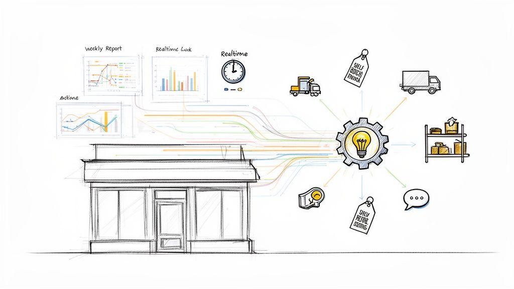 Diagramma che mostra un negozio al dettaglio che fornisce dati a un sistema AI che ottimizza le operazioni come logistica, inventario e prezzi.