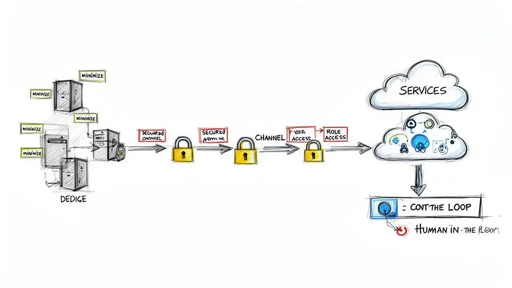 Diagramma che illustra un processo sicuro di accesso e canale da server dedicati a servizi cloud con supervisione human-in-the-loop.