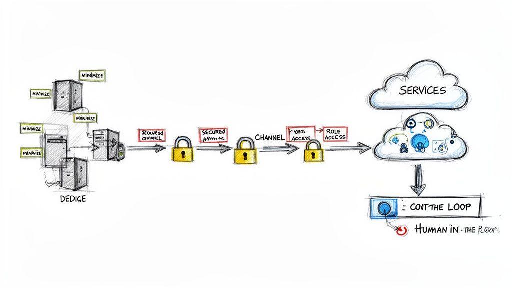 Diagramma che illustra un processo sicuro di accesso e canale da server dedicati a servizi cloud con supervisione human-in-the-loop.