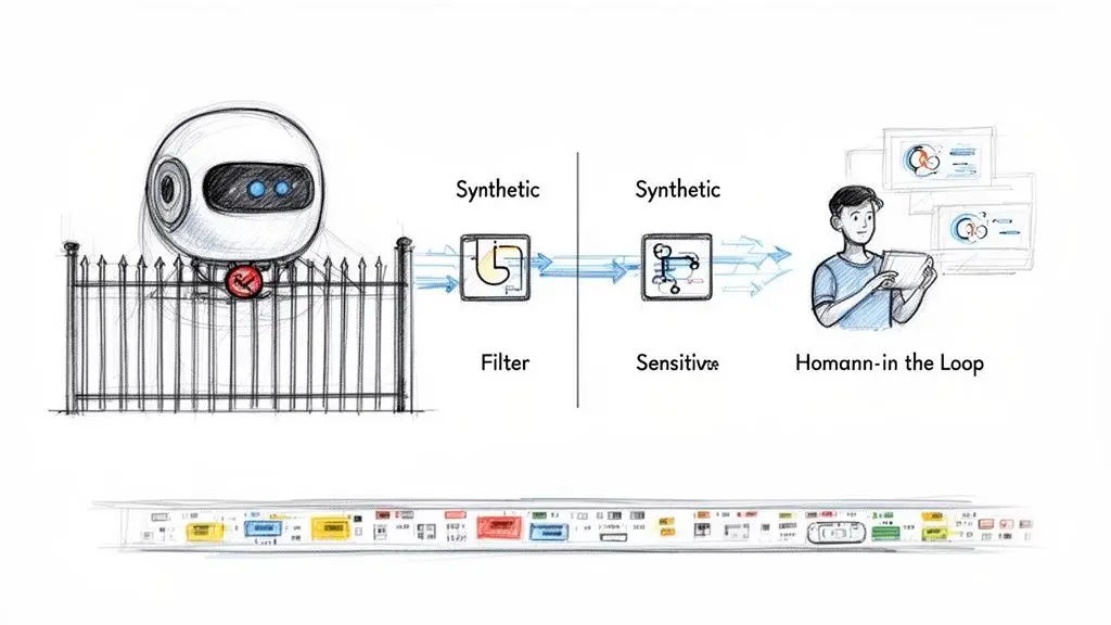 Un diagramma di workflow che mostra il filtraggio dei dati sintetici e la revisione human-in-the-loop per la protezione dei dati.