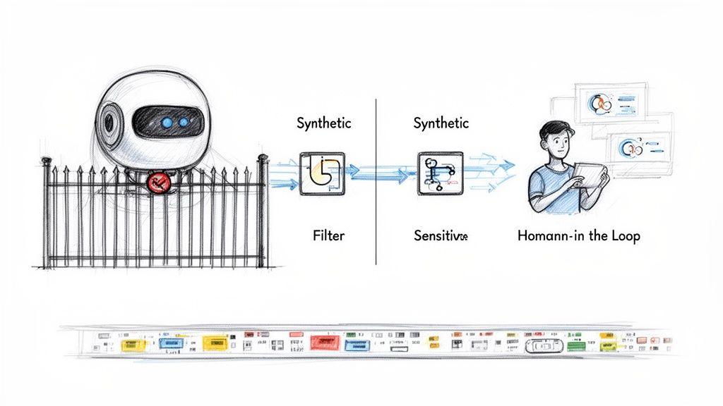 Un diagramma di flusso che mostra il filtraggio di dati sintetici e la revisione human-in-the-loop per la protezione dei dati.