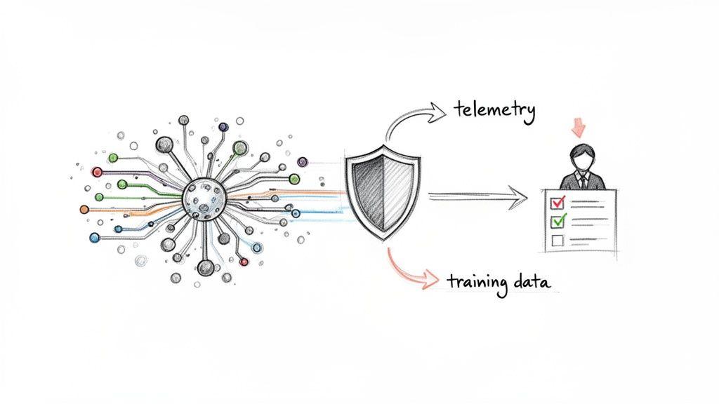 Diagram showing data flowing from a complex system through a shield for telemetry and training data, leading to user evaluation.