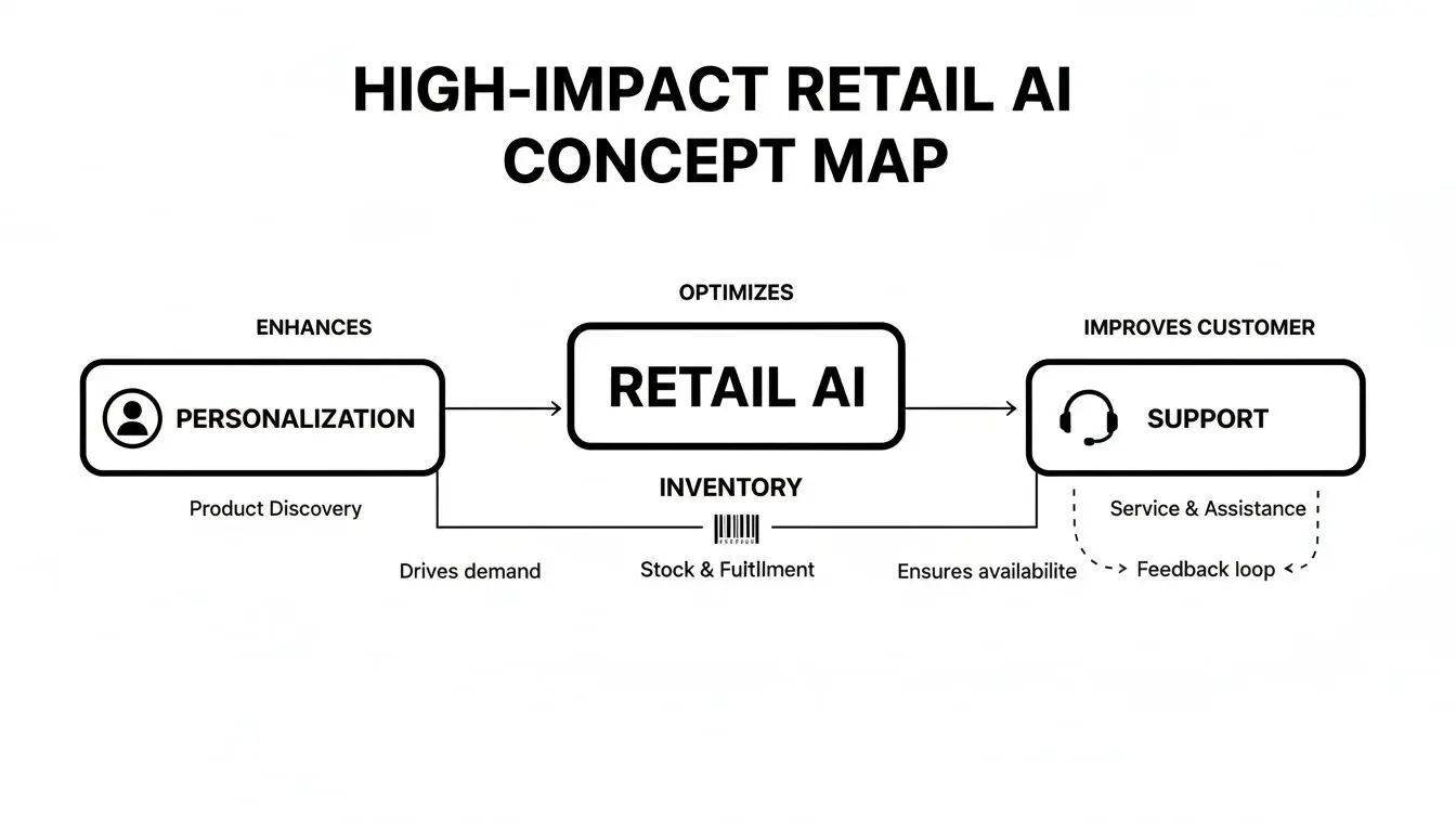 Una mappa concettuale che illustra come l'IA nel retail migliora la personalizzazione, ottimizza l'inventario e migliora l'assistenza clienti.