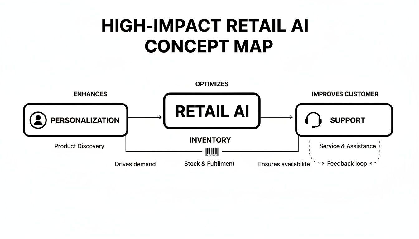 Una mappa concettuale che illustra come l'IA nel retail migliora la personalizzazione, ottimizza l'inventario e migliora l'assistenza clienti.