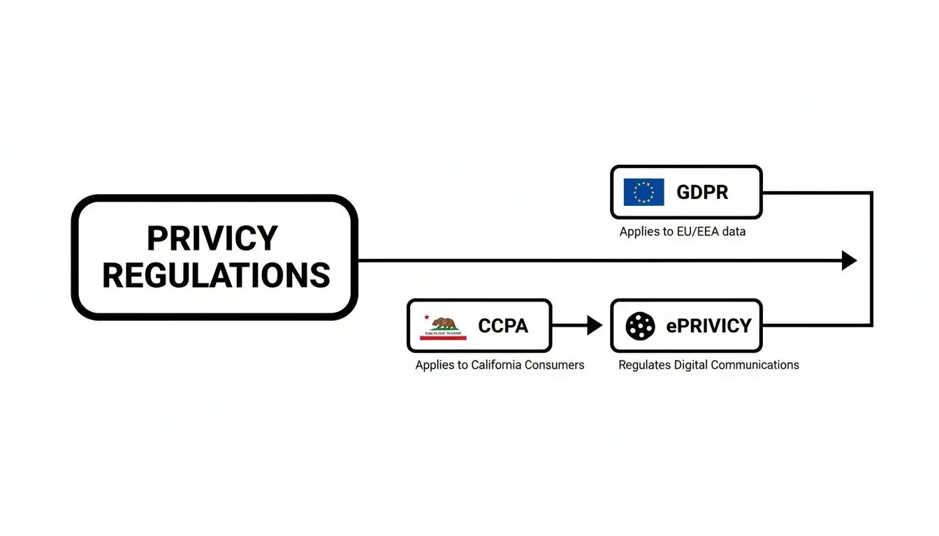 A flowchart showing privacy regulations including GDPR for EU/EEA data, and CCPA linking to ePrivacy.