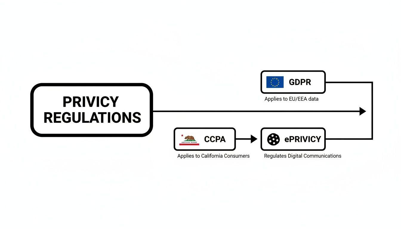 Un diagramma di flusso che mostra normative sulla privacy inclusi GDPR per i dati UE/SEE e CCPA collegata a ePrivacy.