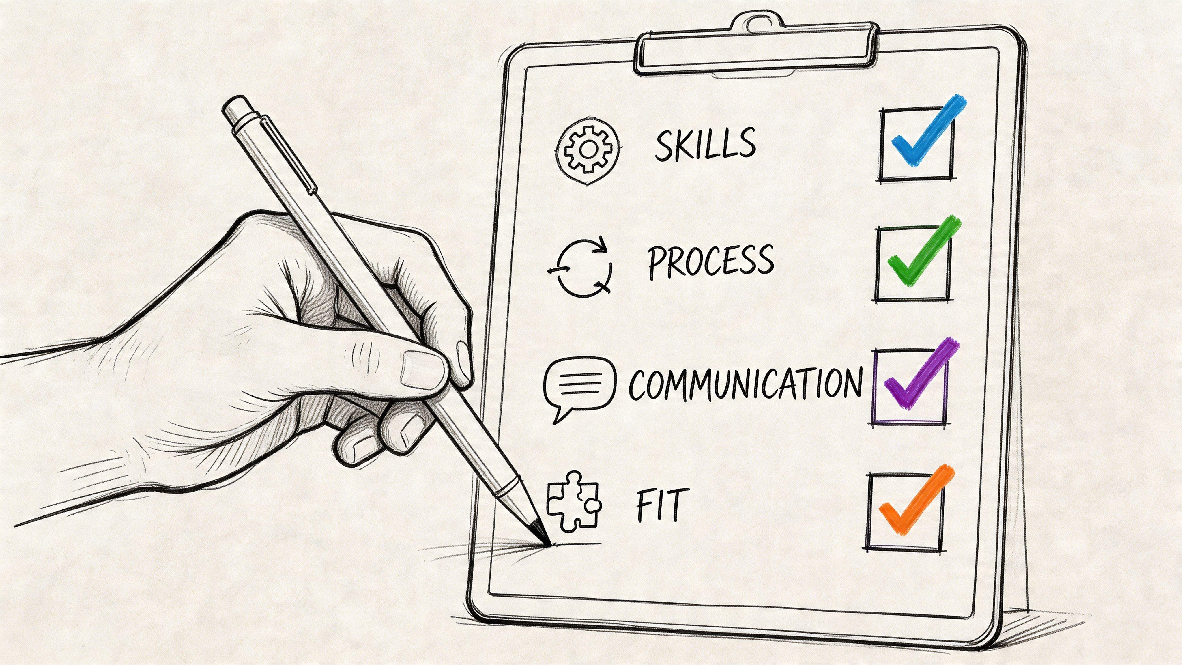 A hand holding a pen checking off a list containing skills, process, communication, and fit.