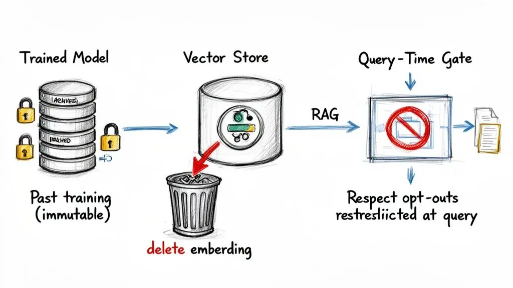 Diagram illustrating data governance with a trained model, vector store, embedding deletion, RAG, and query-time access.